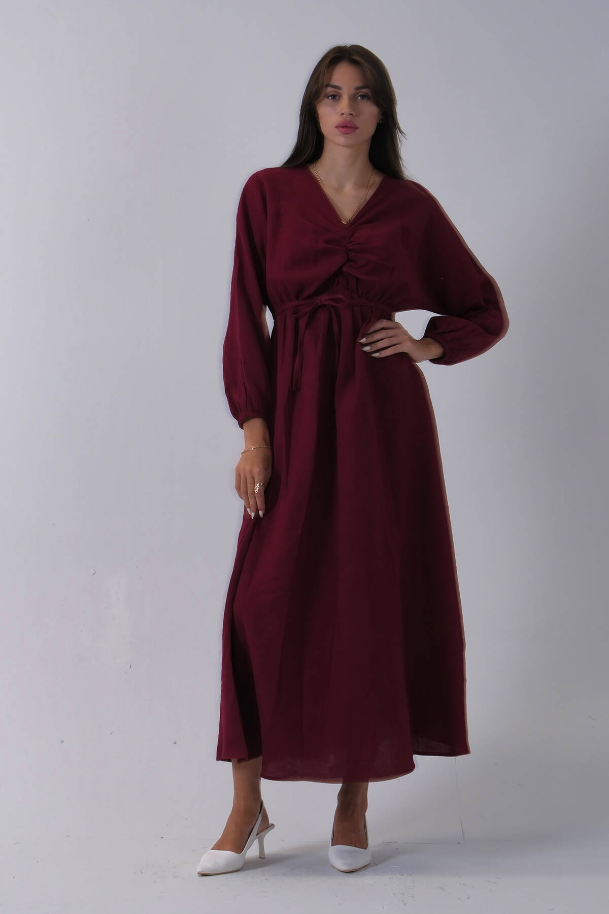 Bordo Beli Lastik Büzgülü V Yaka Bağlamalı Elbise 4593437.04 - Ardanewline (1)
