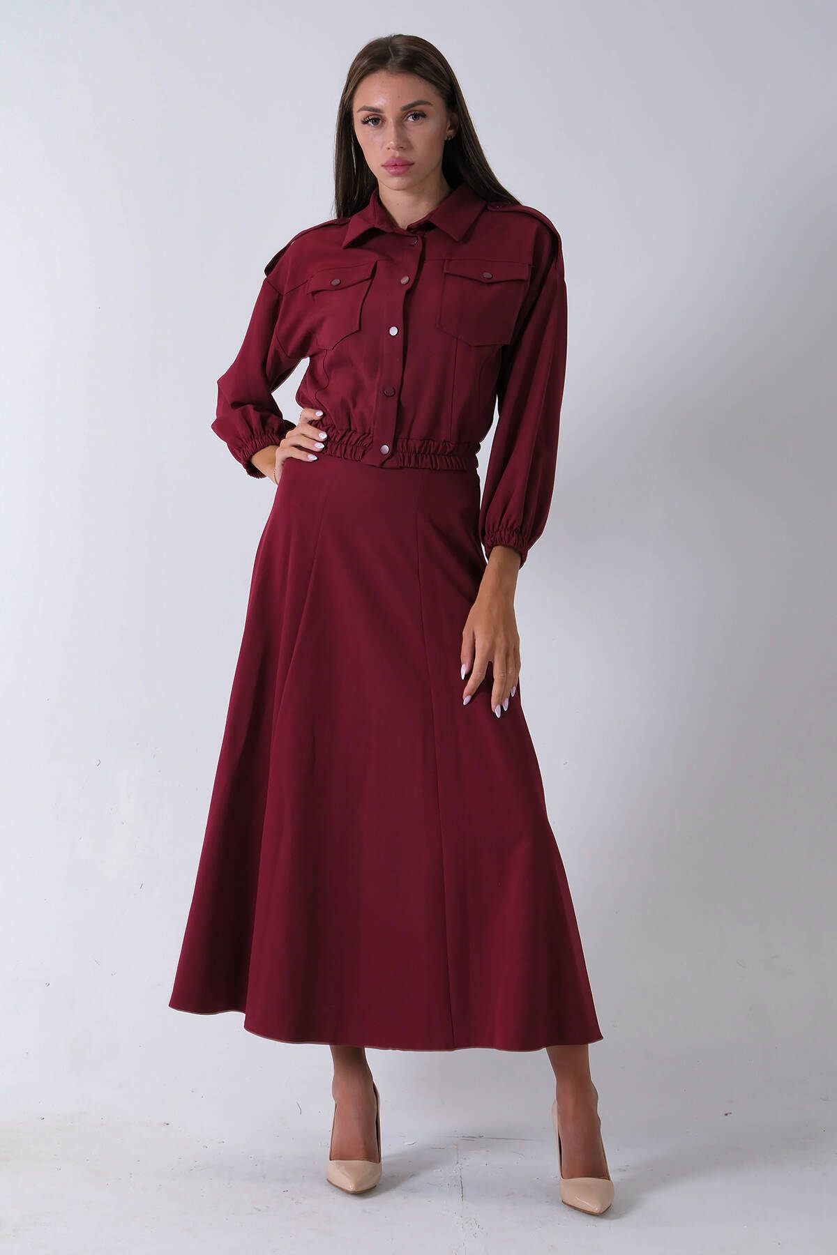 Bordo Beli Lastikli Cepli Ceket ve Etek İkili Takım 4595053.04 Bordo