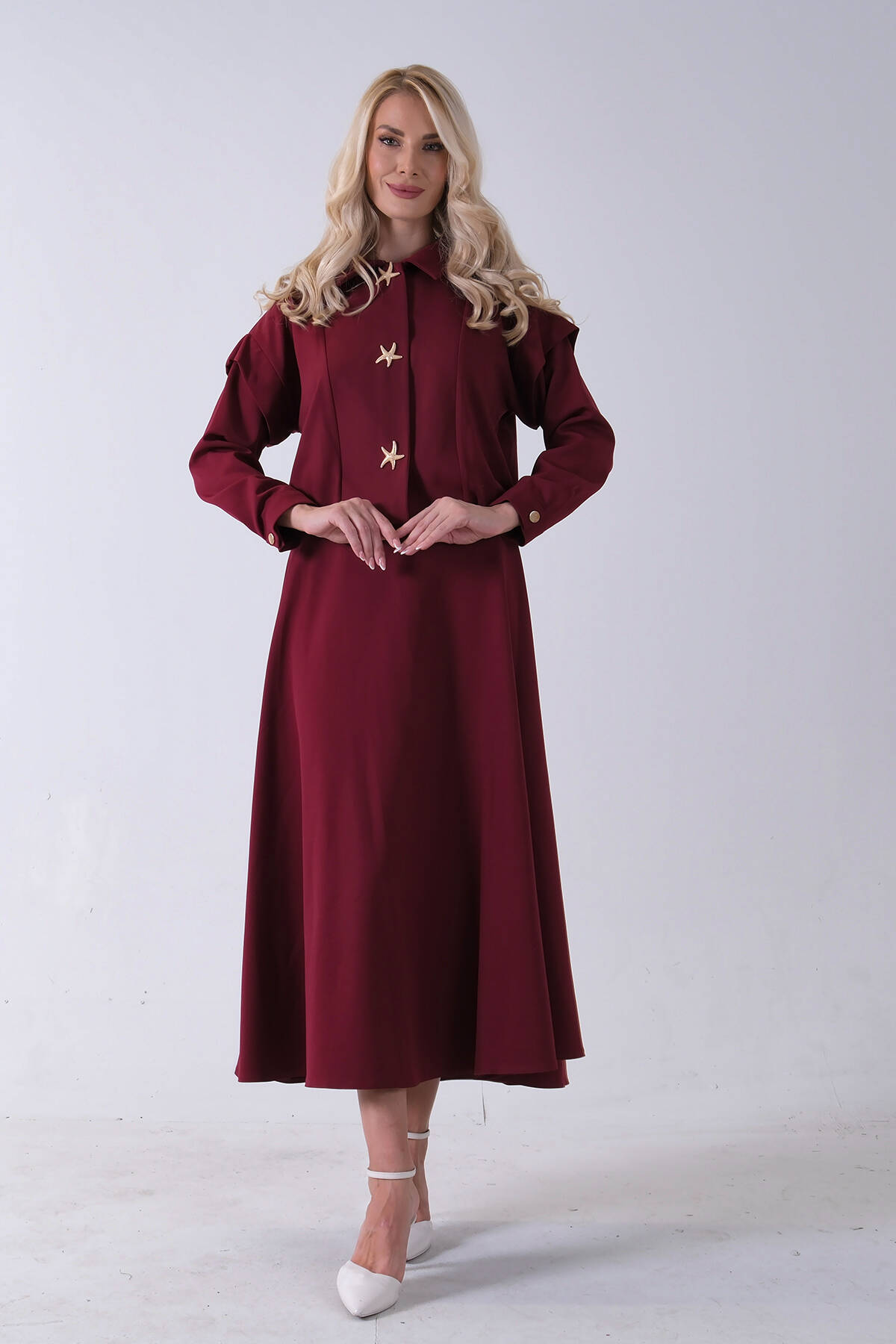 Bordo Beli Lastikli Deniz Yıldızı Çıt Çıt Kapamalı Ceket Detaylı Etekli Takım 4592269.04 Bordo