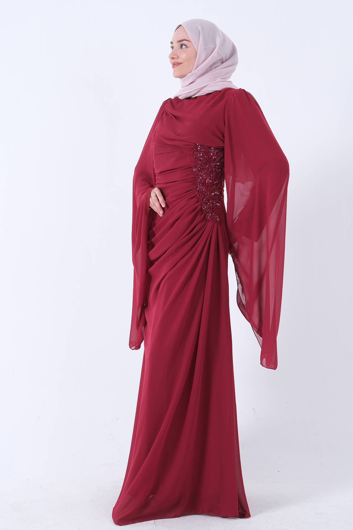 Bordo Beli Taş Detaylı Şifon Elbise 3303111.04 - Ardanewline