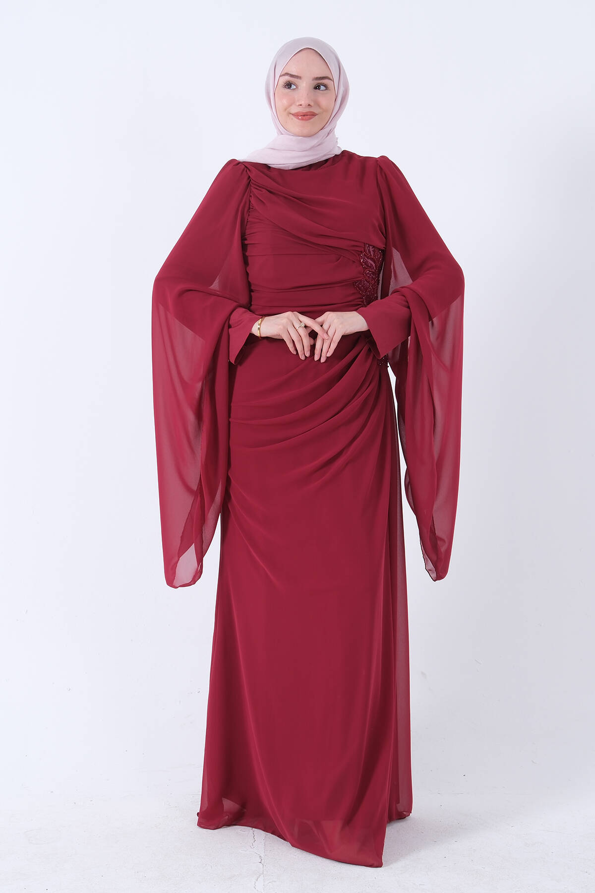Bordo Beli Taş Detaylı Şifon Elbise 3303111.04 - Ardanewline (1)