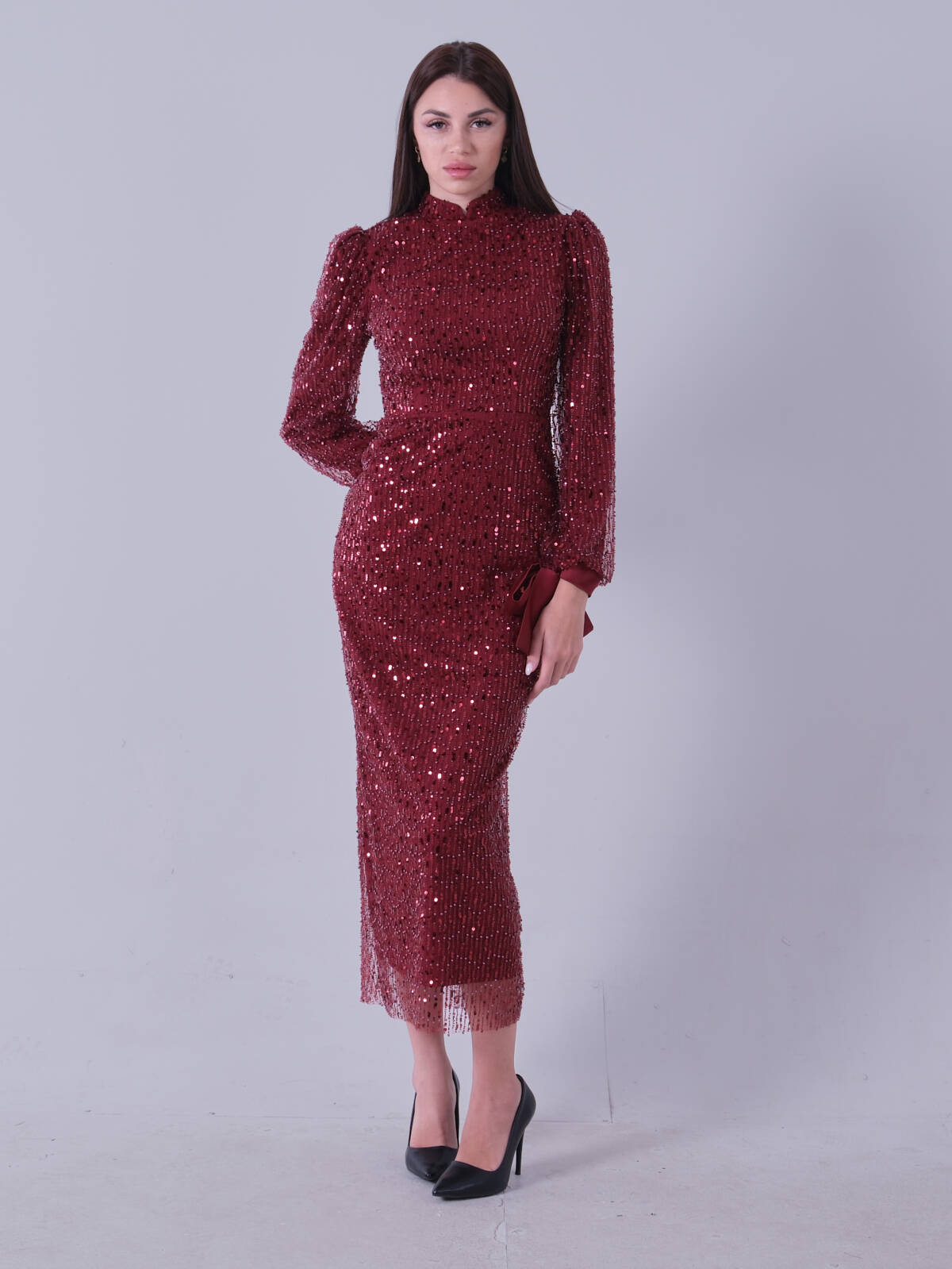 Bordo Bilek Ucu Saten Kurdele Pullu Tesettür Abiye 6502471.04 Bordo