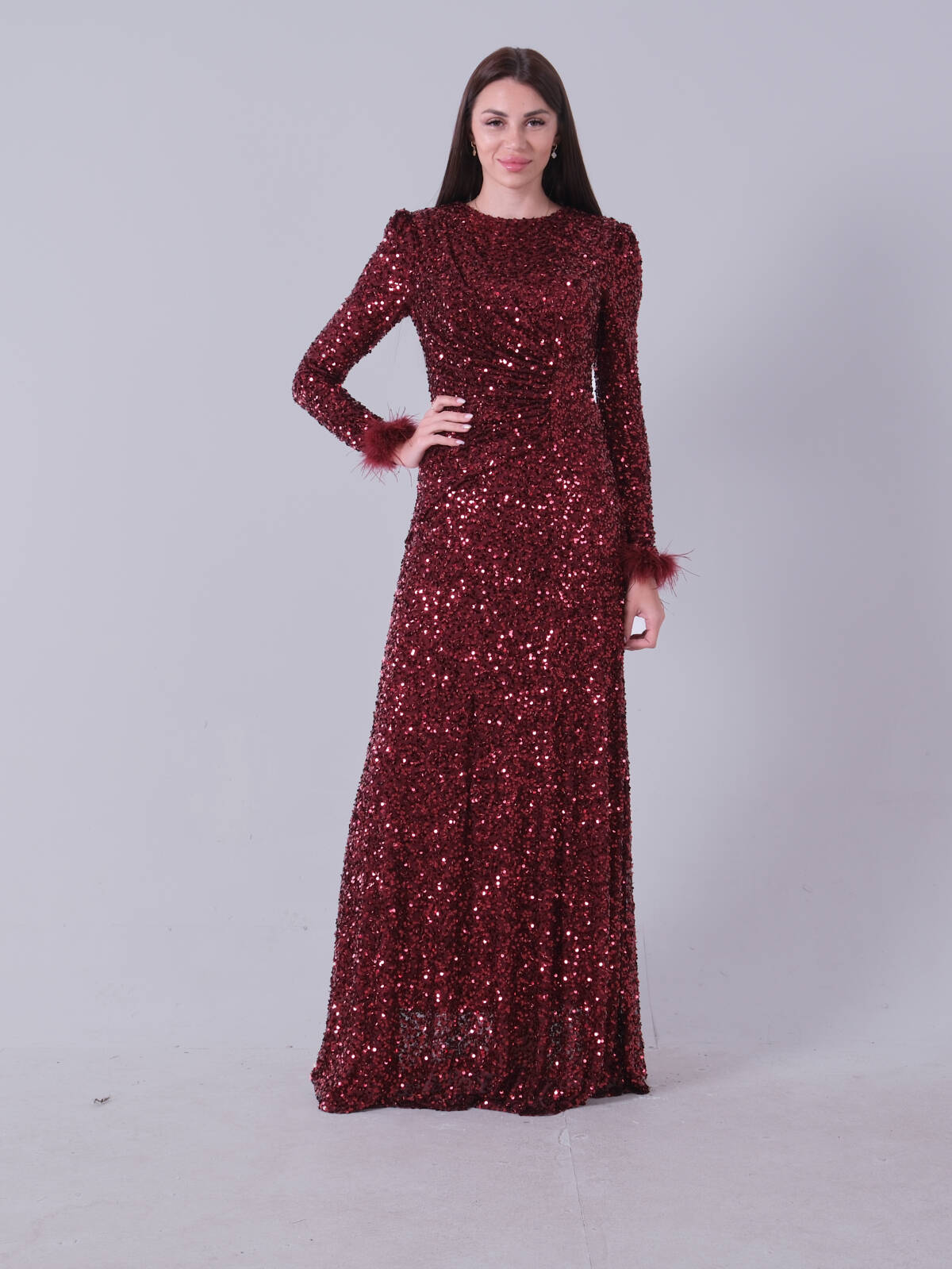 Bordo Bilek Ucu Tüylü Pul Payetli Tesettür Abiye 6502496.04 - Ardanewline