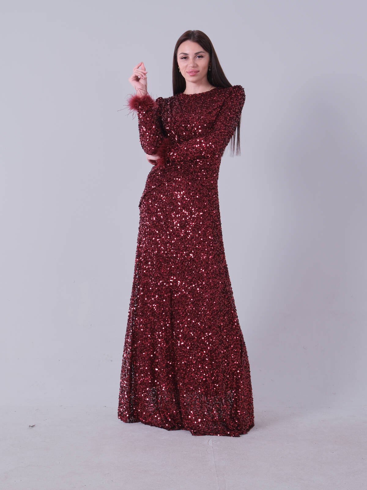 Bordo Bilek Ucu Tüylü Pul Payetli Tesettür Abiye 6502496.04 - Ardanewline (1)