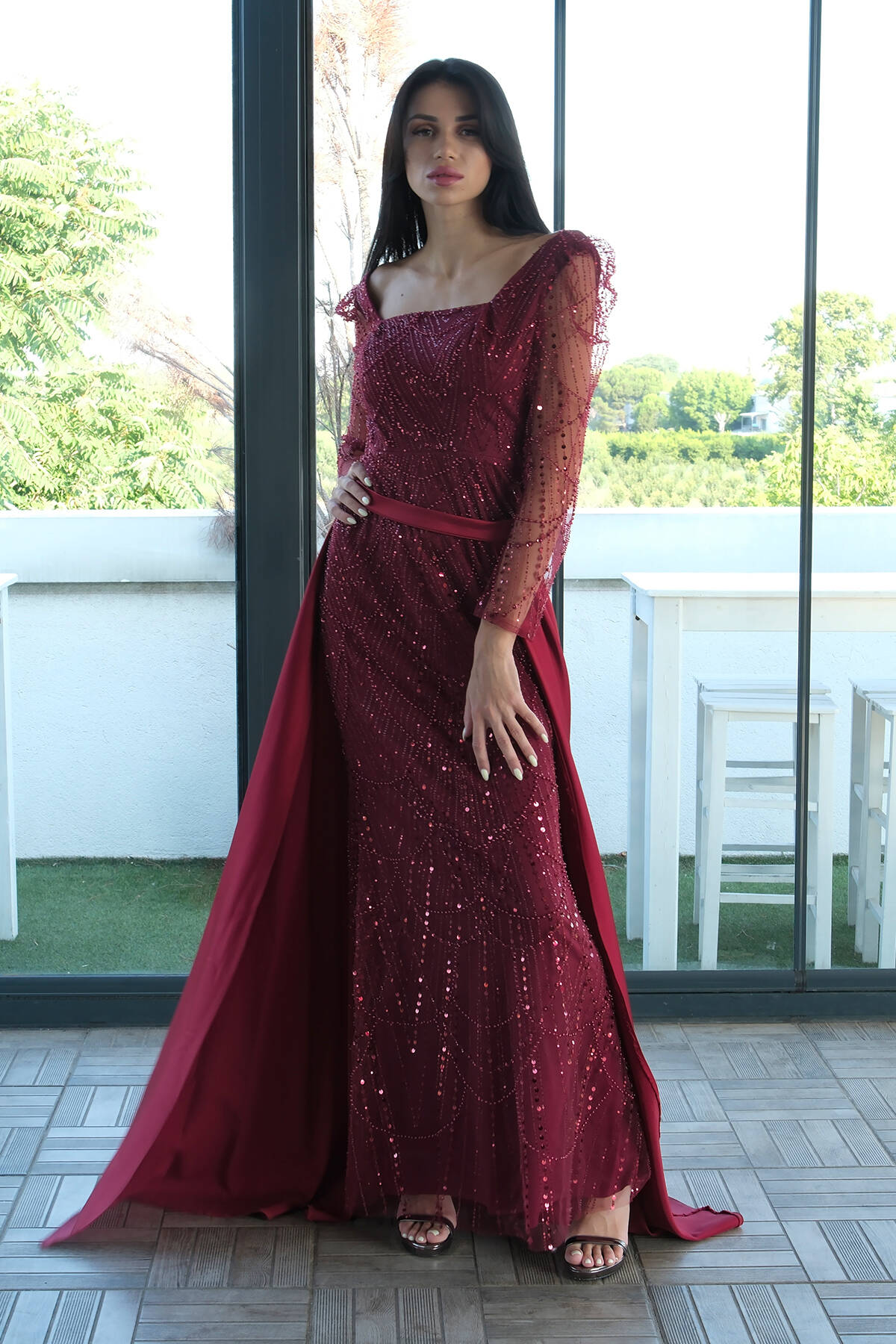 Bordo Boncuk İşlemeli Tül Kol Detaylı Uzun Abiye 9705463.04 Bordo