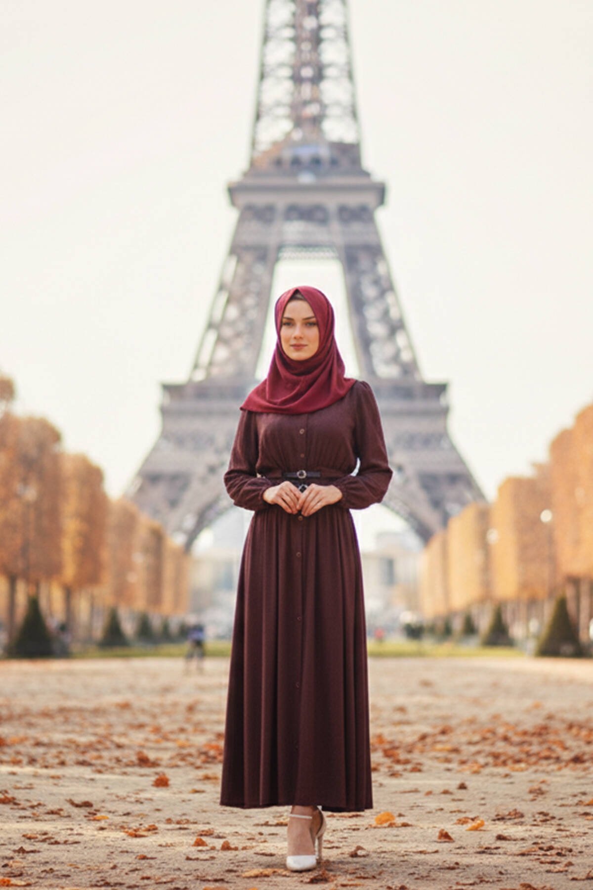 Bordo Boydan Düğme Kapamalı Bileği Lastikli Beli Kemerli Elbise 4593459.04 - Ardanewline