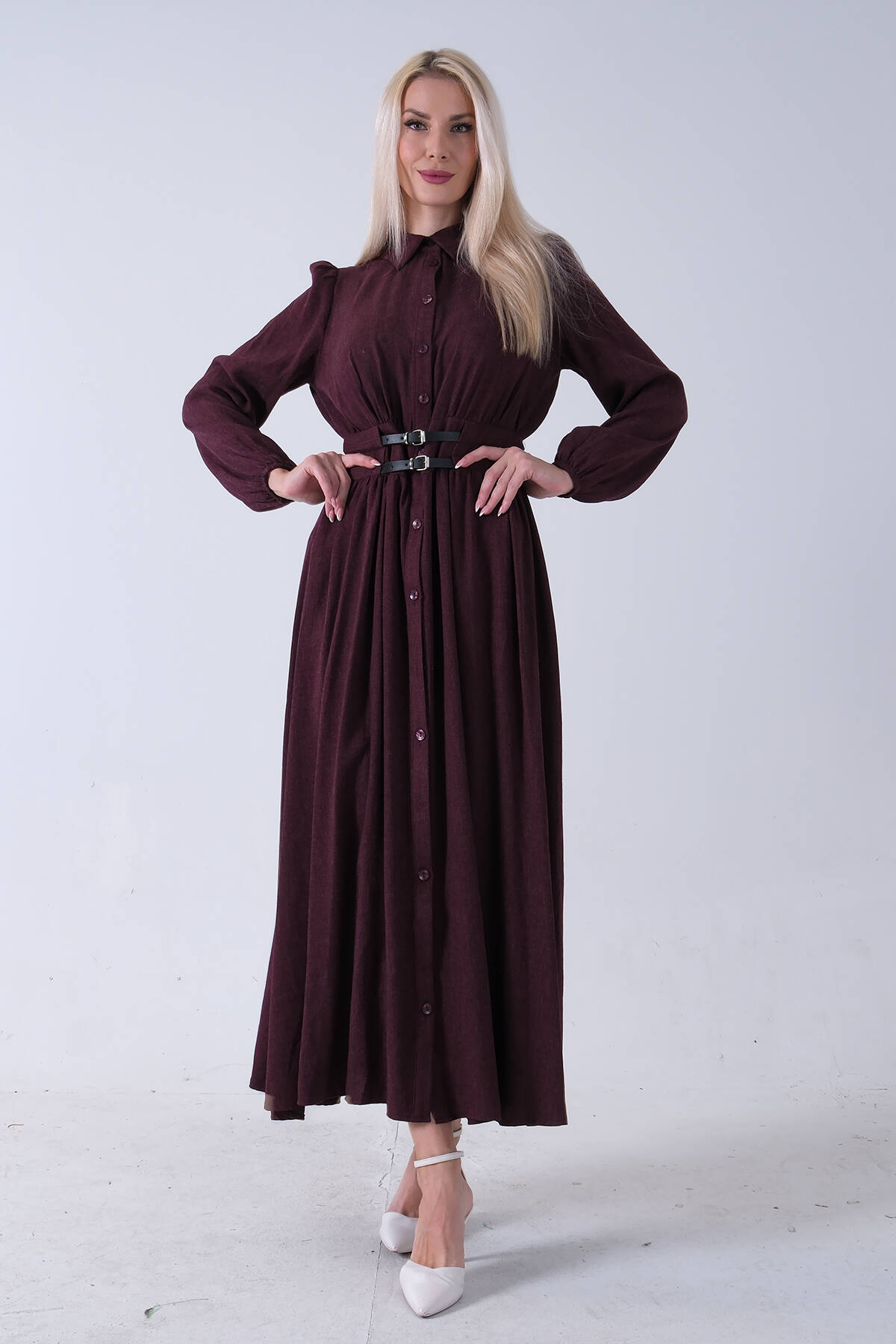 Bordo Boydan Düğme Kapamalı Bileği Lastikli Beli Kemerli Elbise 4593459.04 - Ardanewline (1)