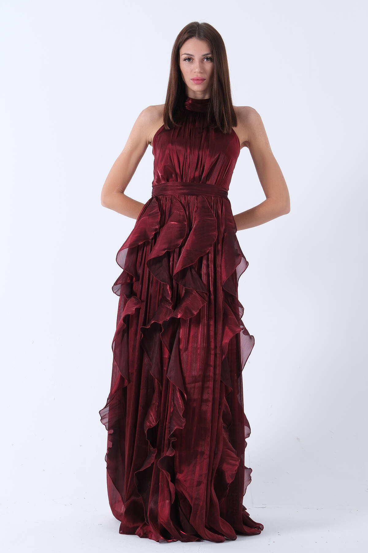 Bordo Boyundan Bağlamalı Kuşak Detaylı Fırfırlı Straplez Abiye 9705922.04 