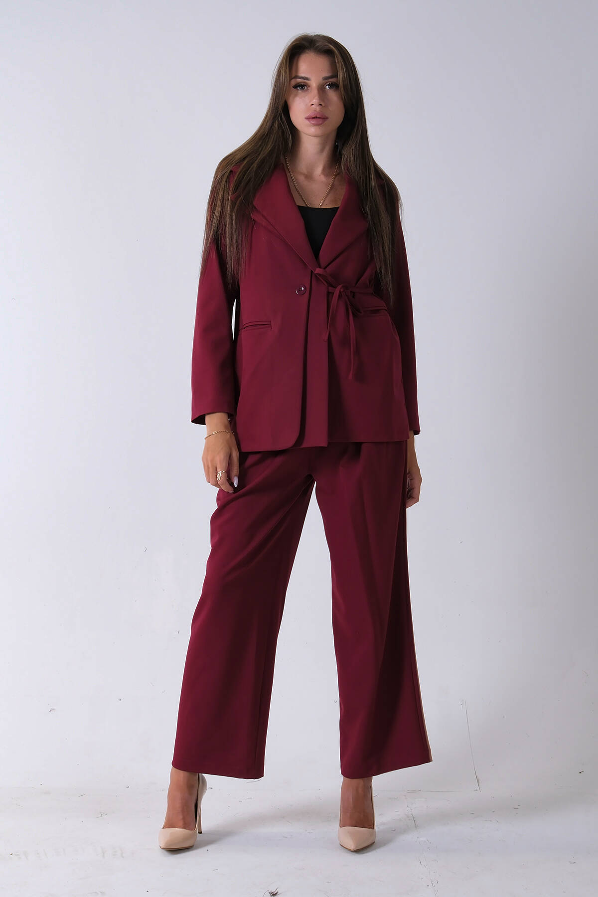 Bordo Çift Cep Yandan Bağlamalı Ceket Pantolonlu Takım 4592259.04 Bordo