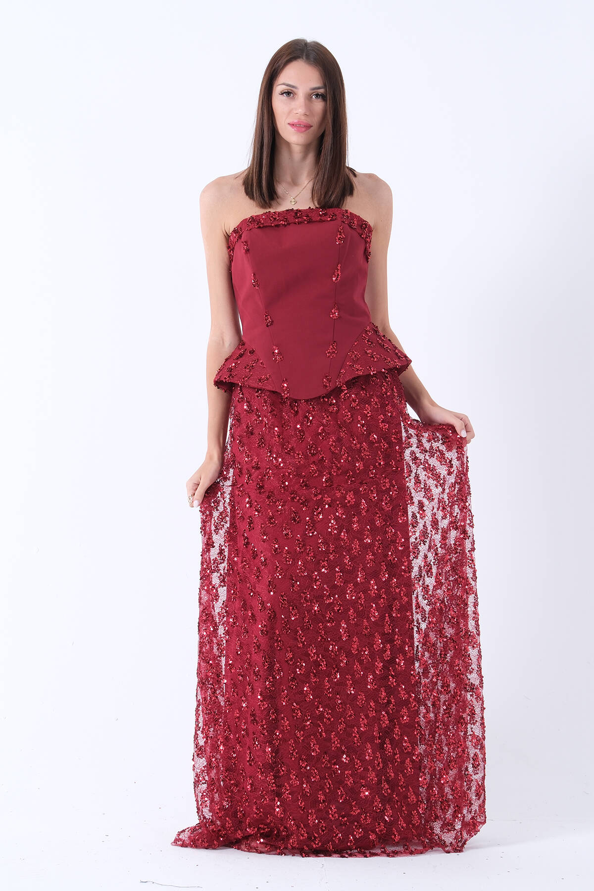 Bordo Dantel Tül Üzeri Pul İşlemeli Astarlı Korseli Straplez Abiye 9705627.04 