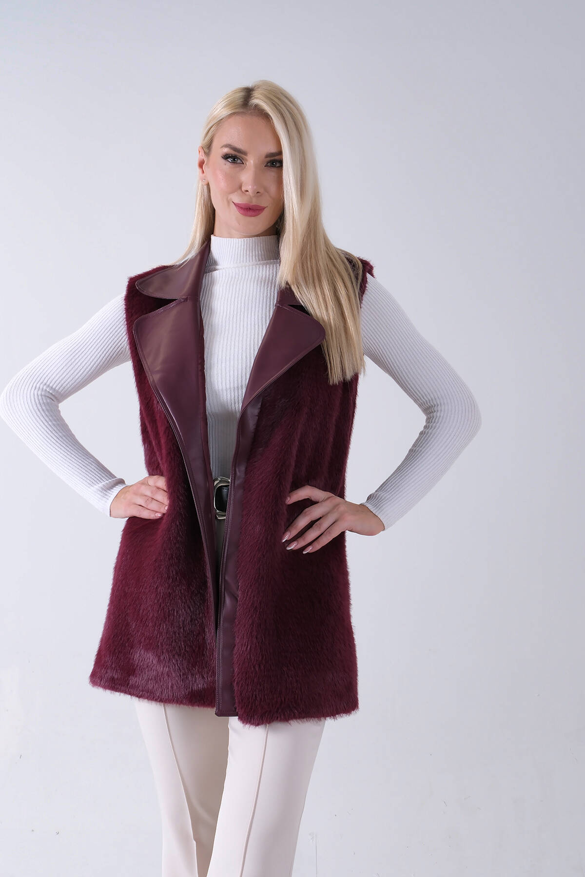 Bordo Deri Yakalı Yandan Cepli Yelek 4579030.04 - Ardanewline