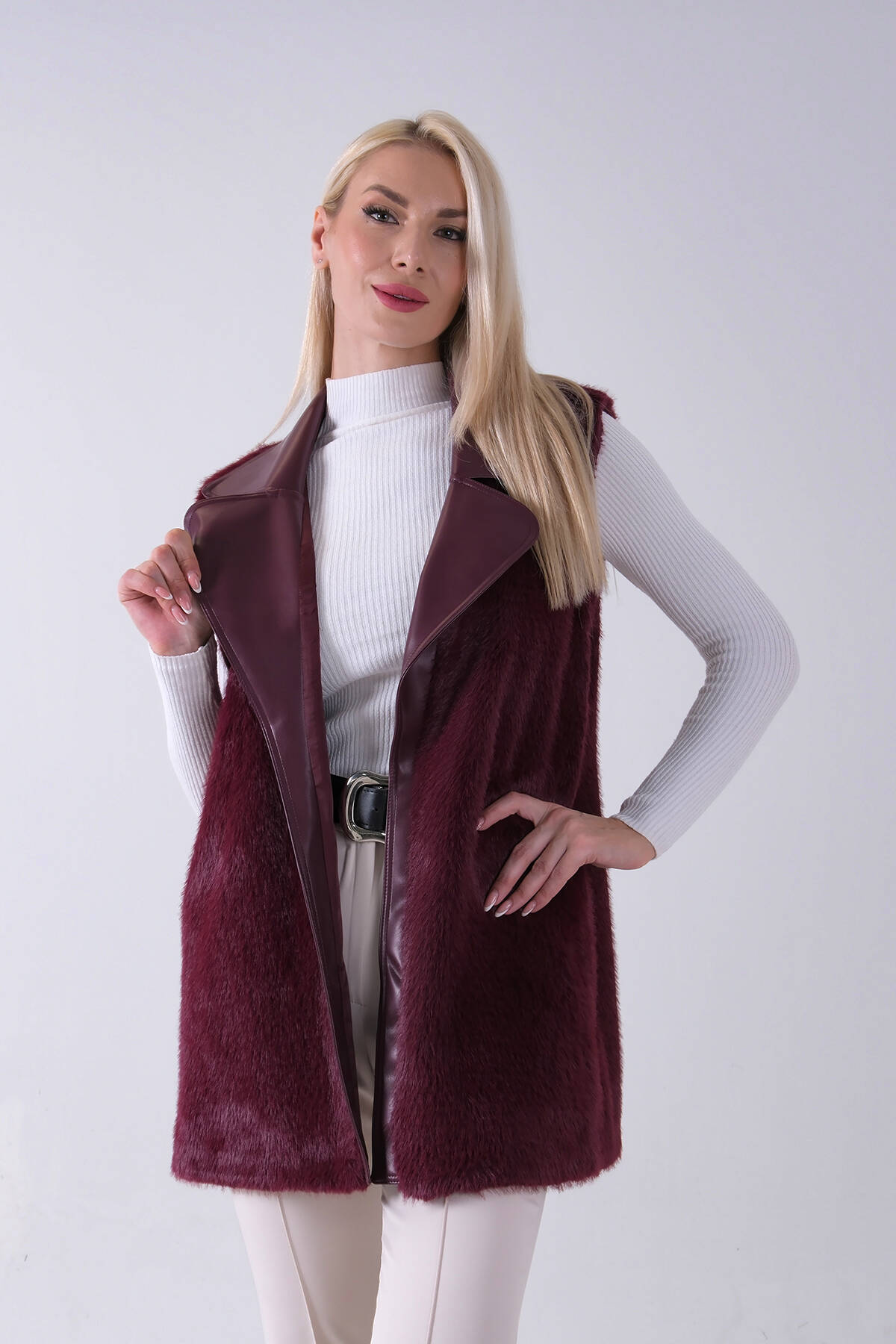 Bordo Deri Yakalı Yandan Cepli Yelek 4579030.04 - Ardanewline (1)