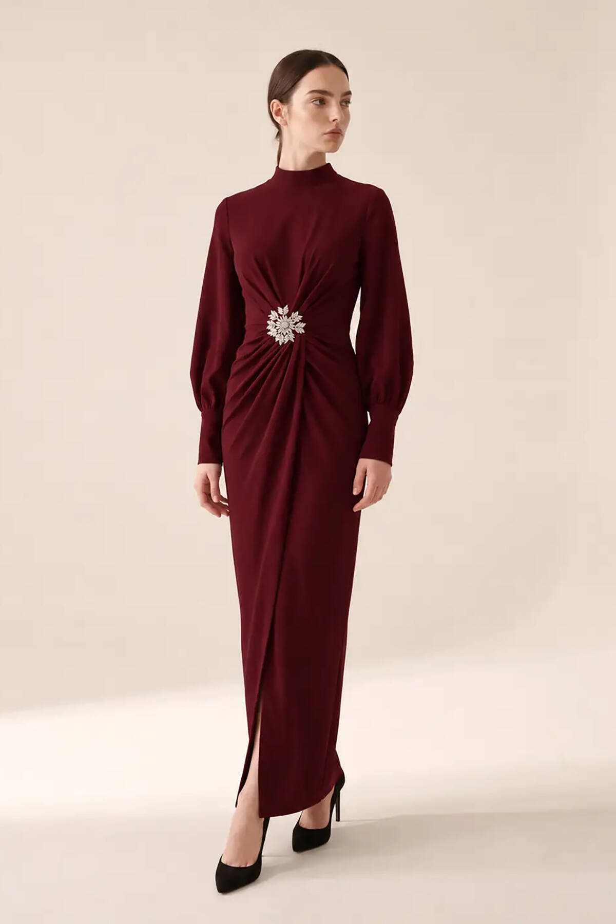 Bordo Dik Yaka Bel Taşlı Toka Balon Kol Elbise 475262752.04 