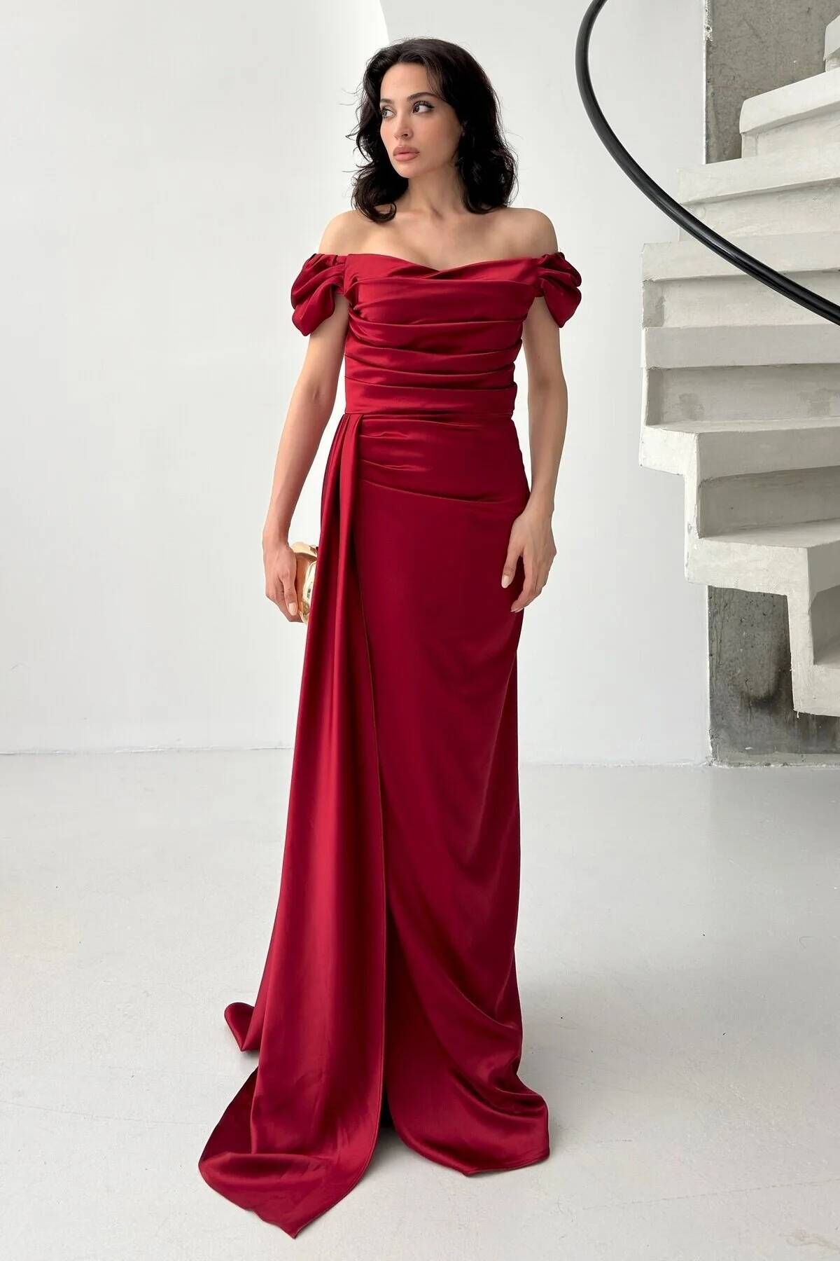 Bordo Drape Detaylı Saten Kumaş Abiye Elbise 9704858.04 