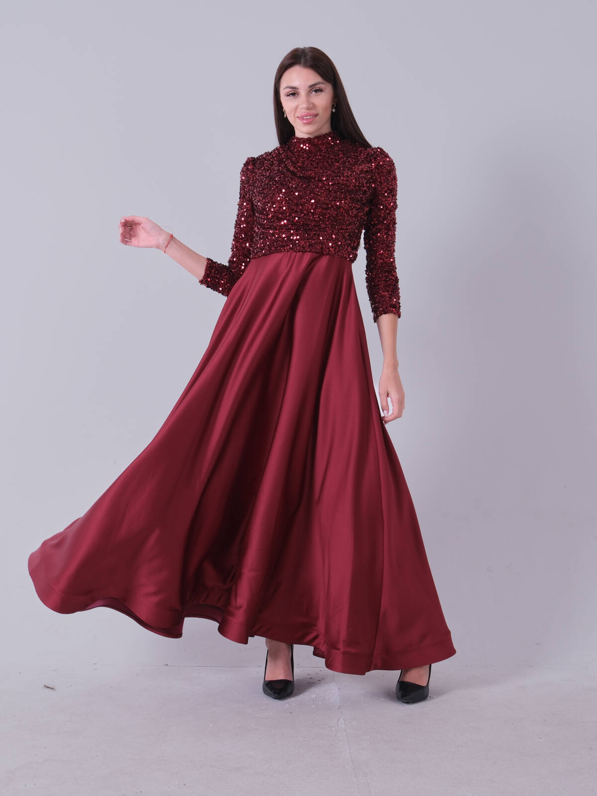 Bordo Drapeli Payet Üst Detaylı Eteği Saten Tesettür Abiye 6502504.04 - Ardanewline