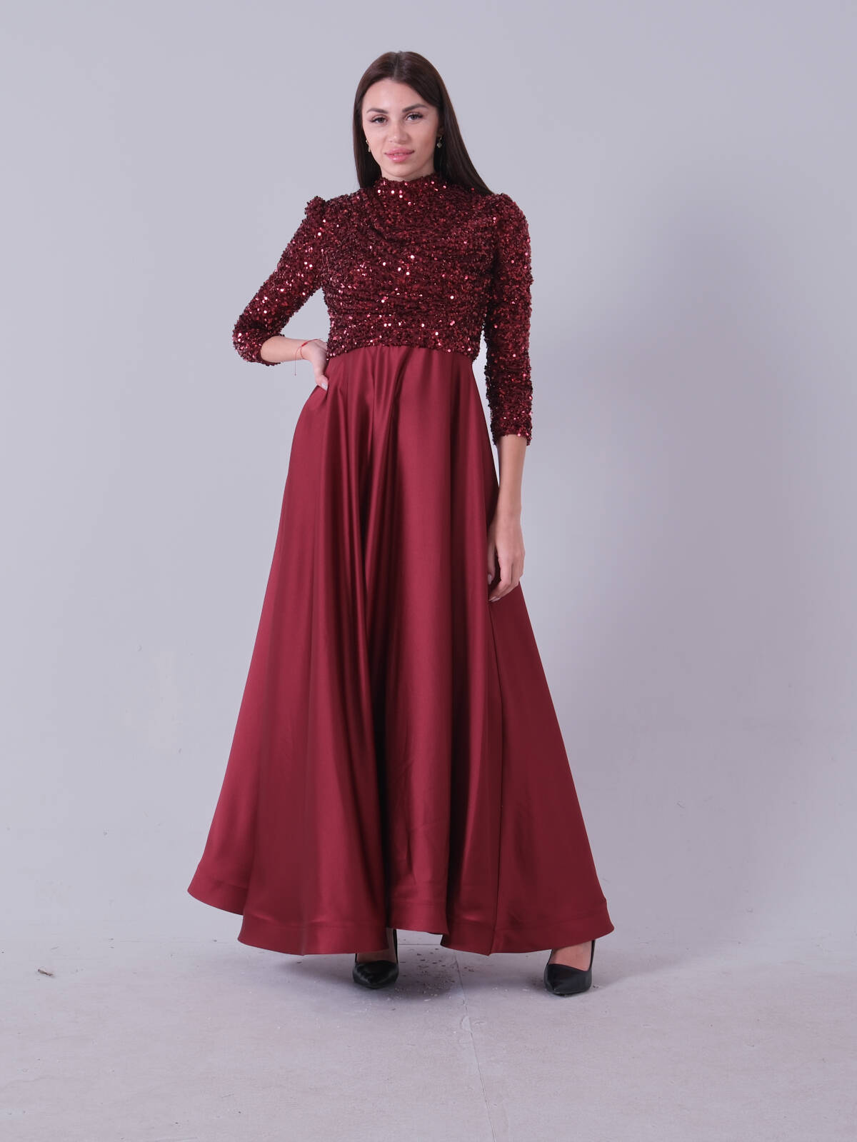 Bordo Drapeli Payet Üst Detaylı Eteği Saten Tesettür Abiye 6502504.04 - Ardanewline (1)