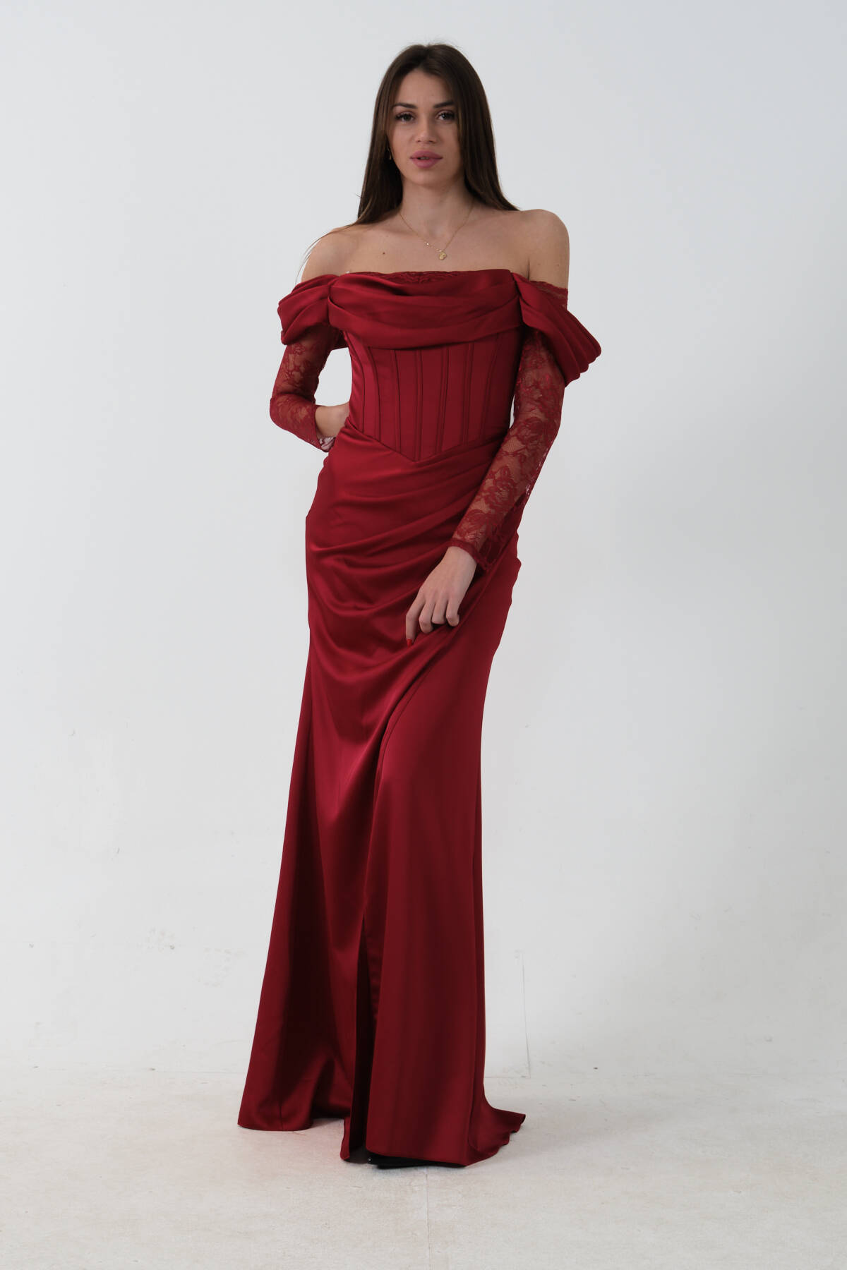 Bordo Düşük Omuz Dantel Kolu Korsajlı Abiye 9705830.04 Bordo