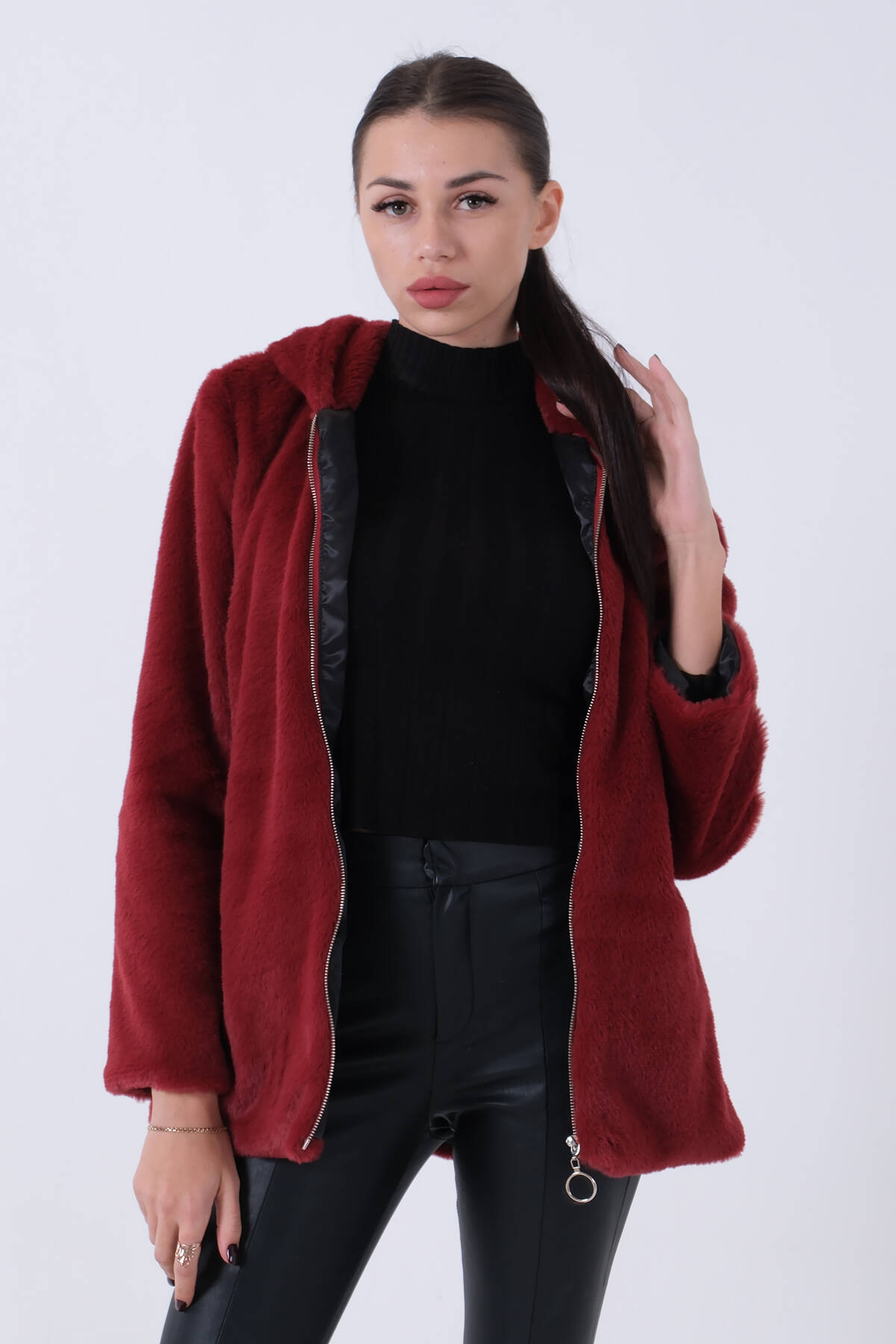Bordo Fermuarlı Oversize Kapüşonlu Çift Cepli Peluş Mont 0108078.04 - Ardanewline