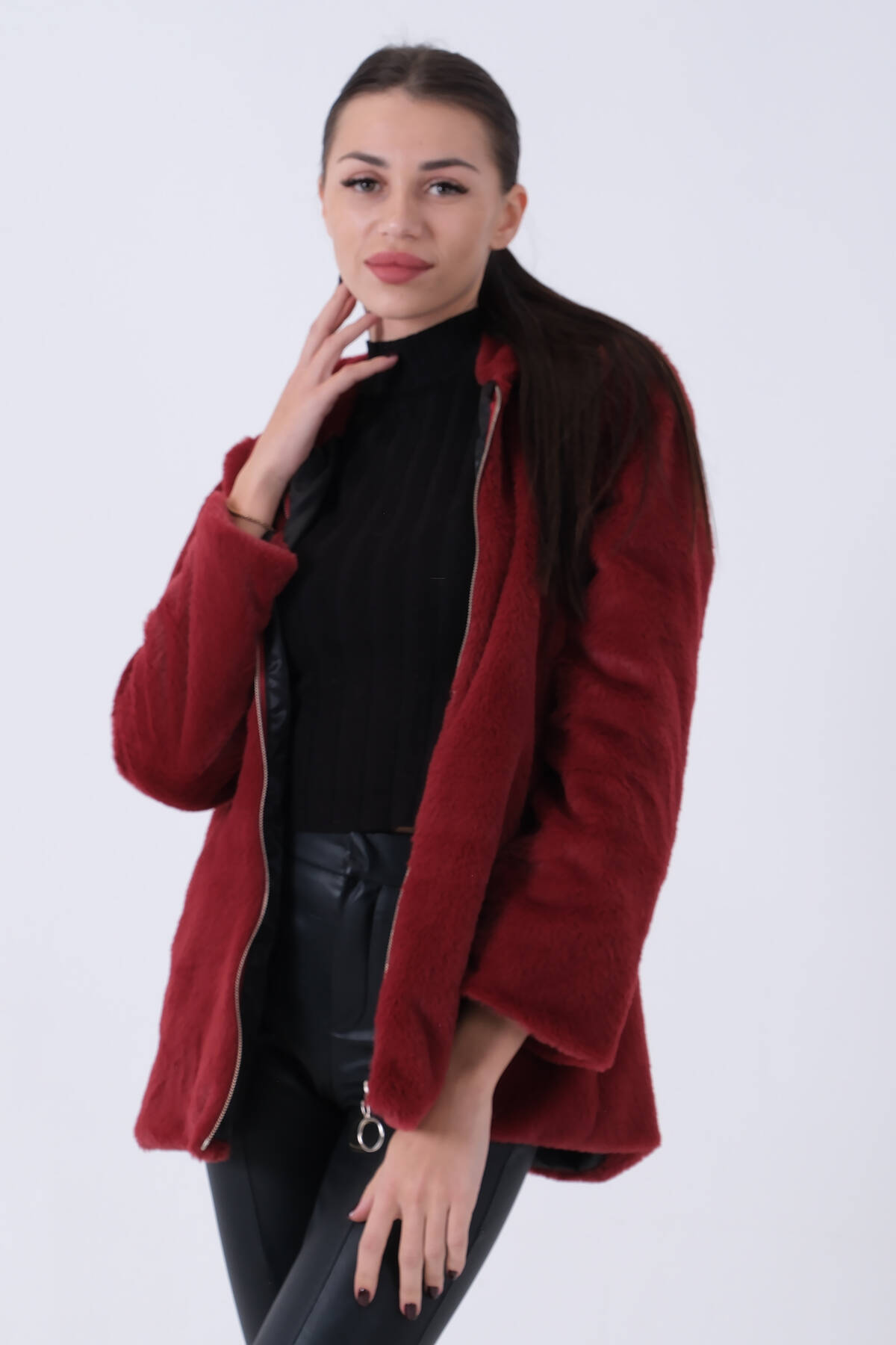 Bordo Fermuarlı Oversize Kapüşonlu Çift Cepli Peluş Mont 0108078.04 - Ardanewline (1)