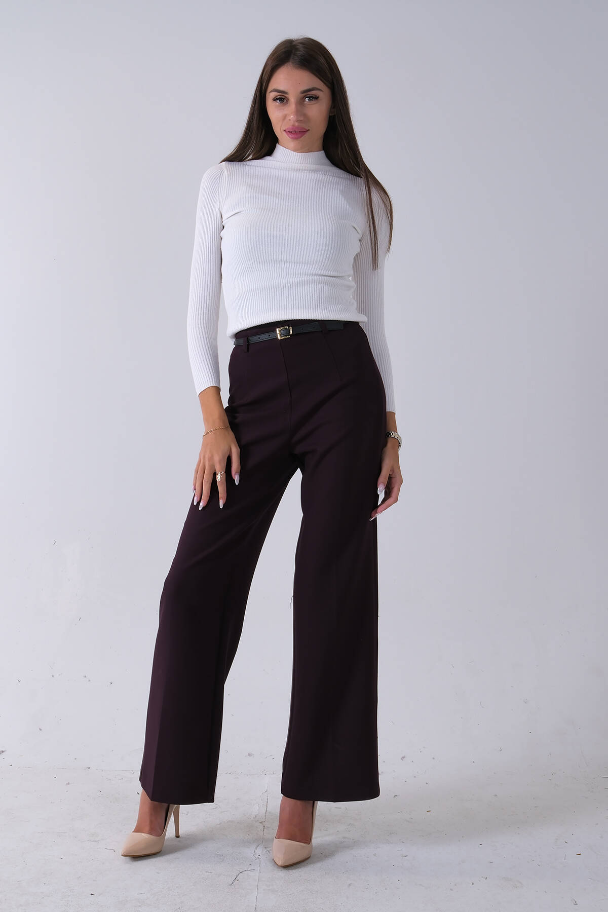 Bordo İnce Kemerli Cepsiz Bol Paça Uzun Pantolon 03030306.04 - Ardanewline