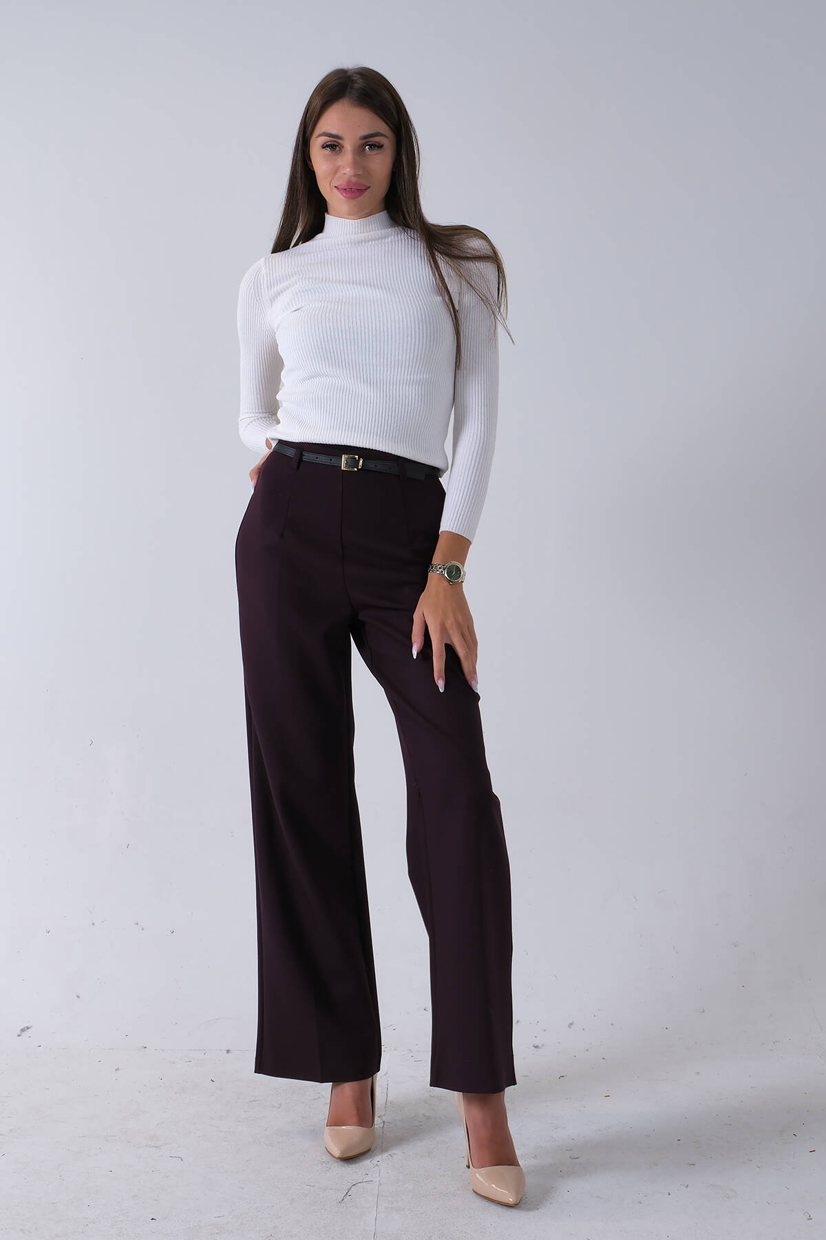 Bordo İnce Kemerli Cepsiz Bol Paça Uzun Pantolon 03030306.04 - Ardanewline (1)