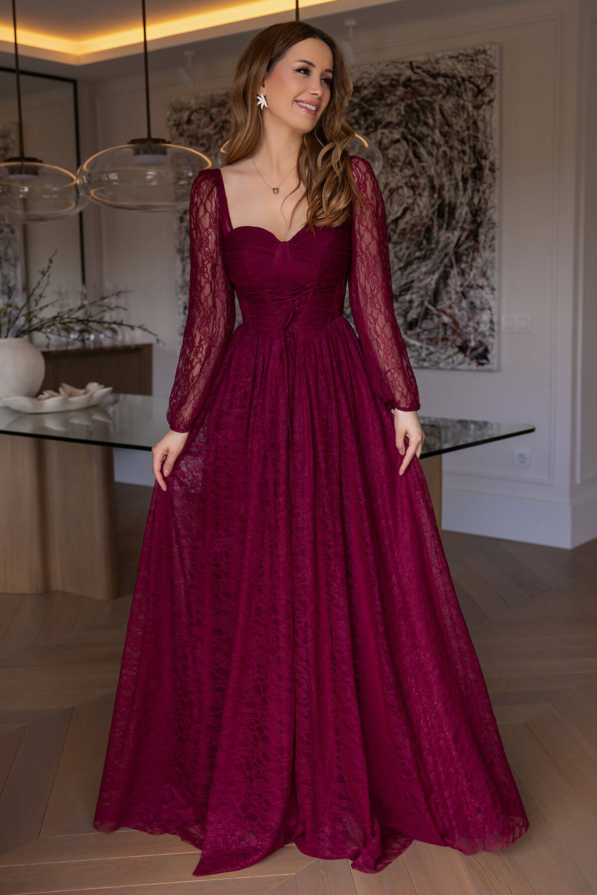 Bordo Kalp Yaka Korse Detaylı Önü Bağlamalı Dantel Abiye 0801203.04 - Ardanewline