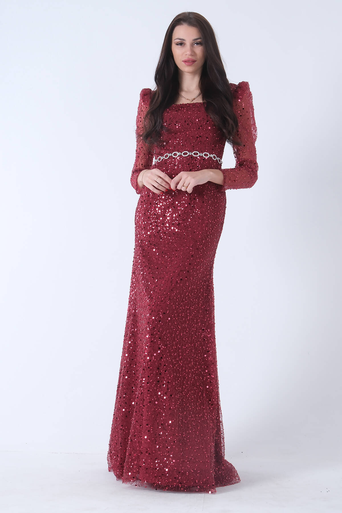 Bordo Kare Yaka Kolları Transparan Abiye Elbise 9705196.04 