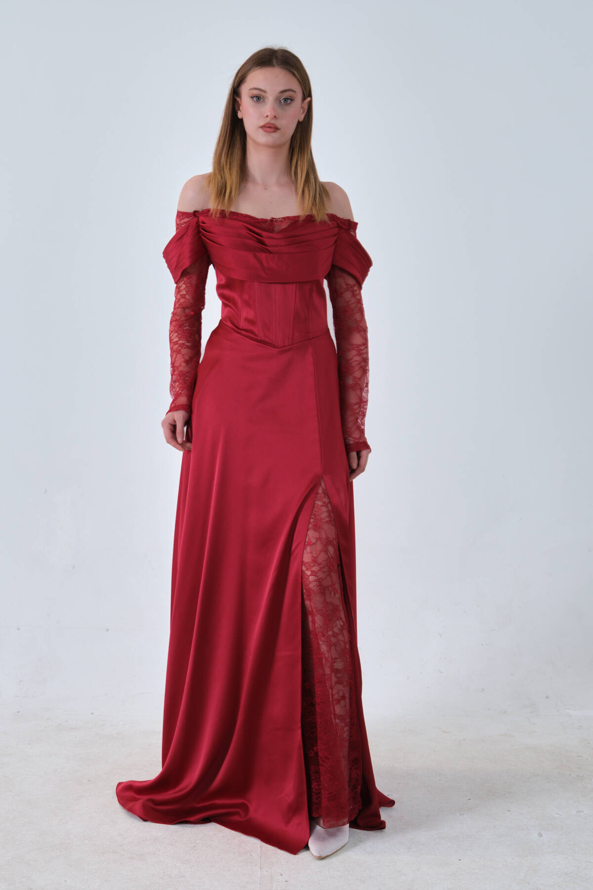 Bordo Kolları Dantel Detaylı Drapeli Abiye 9705561.04 - Ardanewline (1)