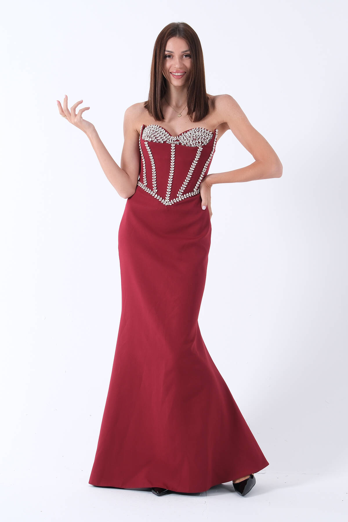 Bordo Kristal İşlemeli Taşlı Korseli Straplez Abiye 9705986.04 