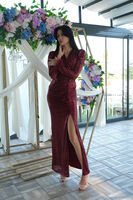 Bordo Kruvaze Yaka Kol Ucu Tüylü Pul Payet Abiye 9705182.04 Bordo