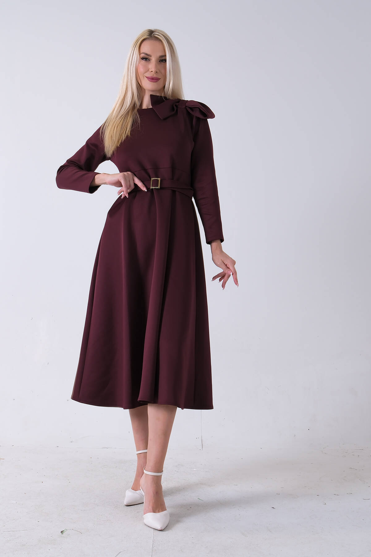 Bordo Omuz Fiyonk Detaylı Kemerli Bisiklet Yaka Scuba Tesettür Elbise 4593456.04 - Ardanewline