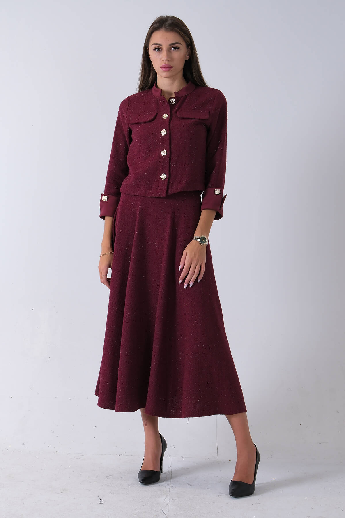 Bordo Önü Düğme Kapamalı Crop Ceket Etekli Tüvid Takım 45950601.04 - Ardanewline