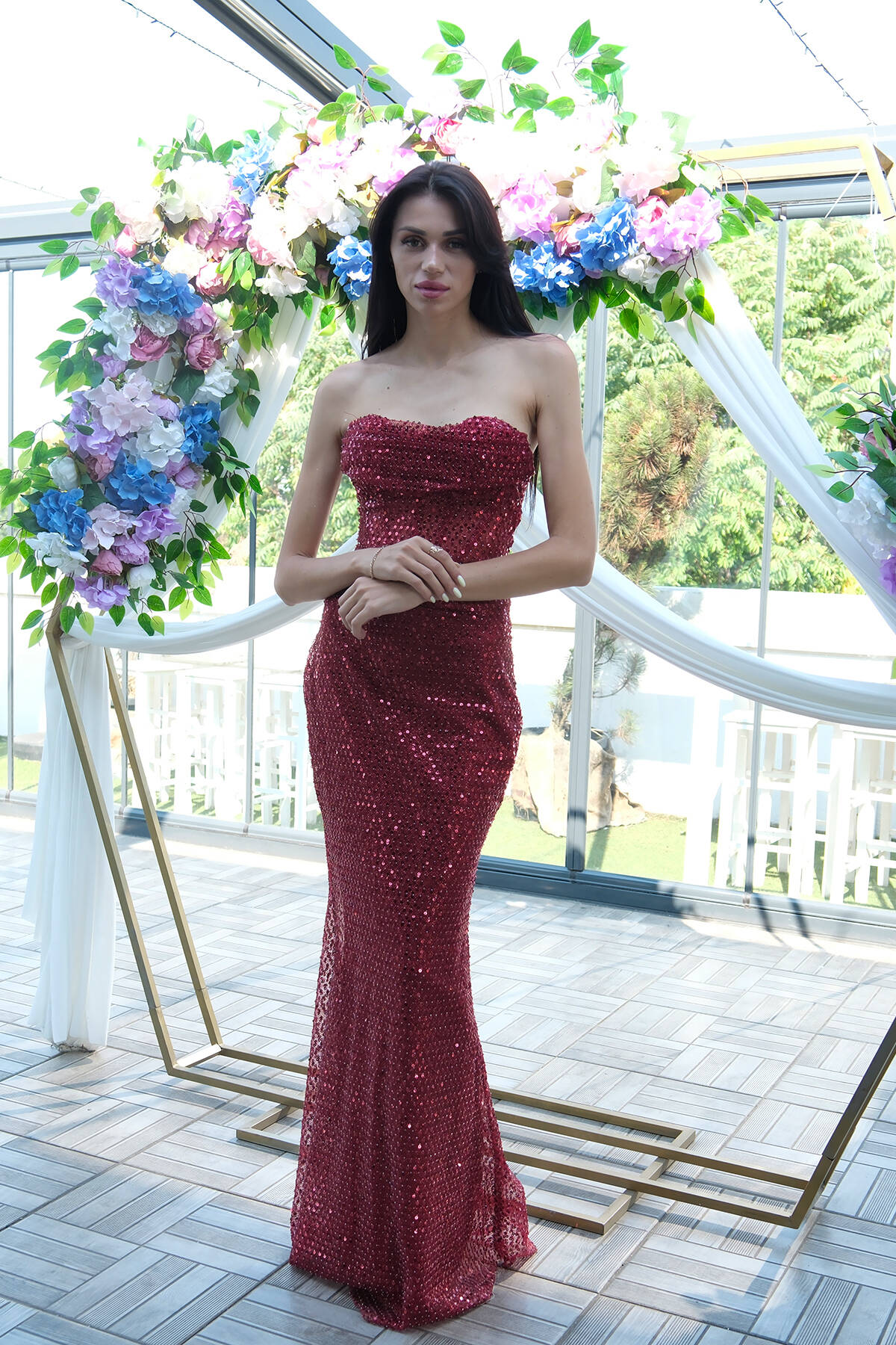 Bordo Pul Taş İşlemeli Straplez Balık Abiye 9705304.04 Bordo