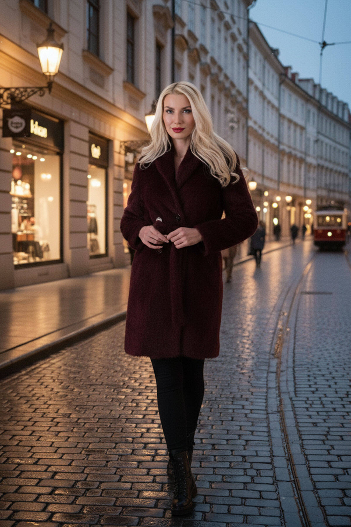 Bordo Şal Yaka Çift Cepli Düğme Kapamalı Kemerli Peluş Kaban 0108088.04 Bordo