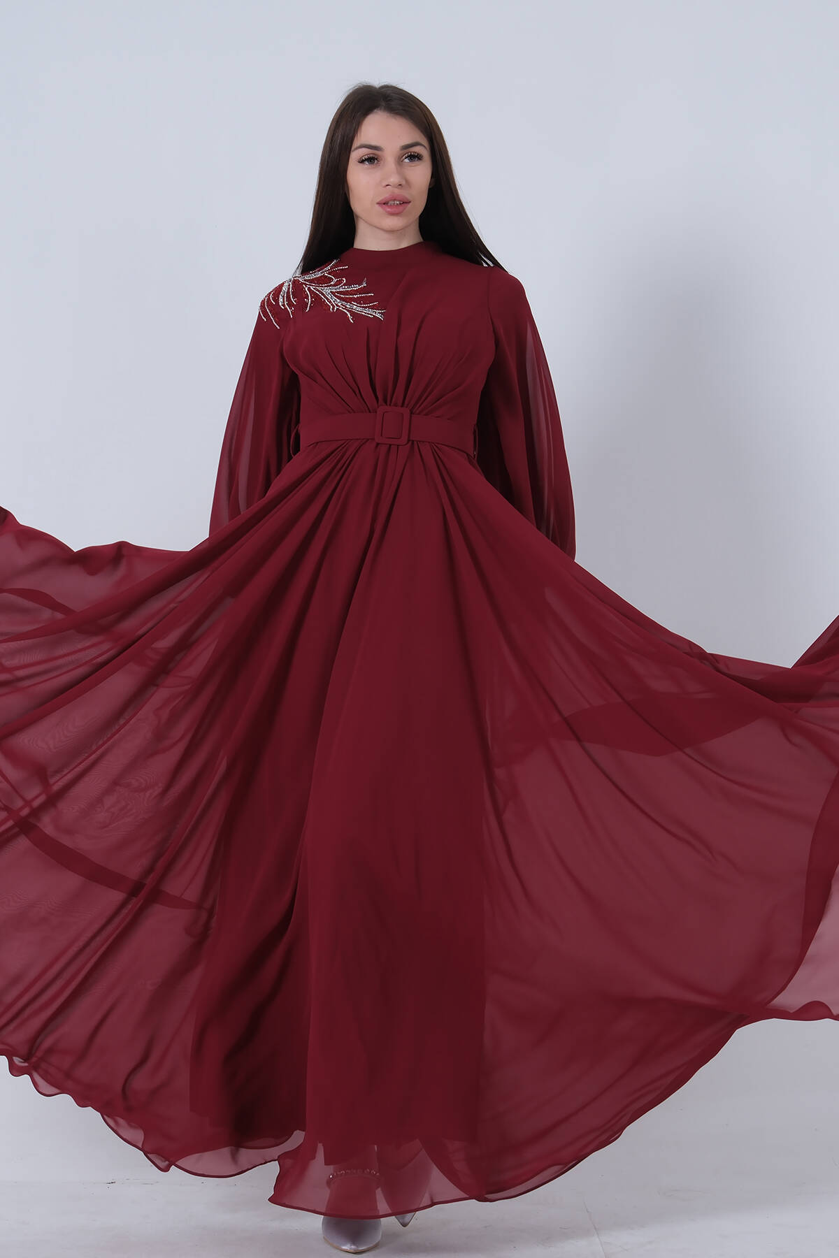 Bordo Şifon Vintage Tesettür Abiye 9705249.04 