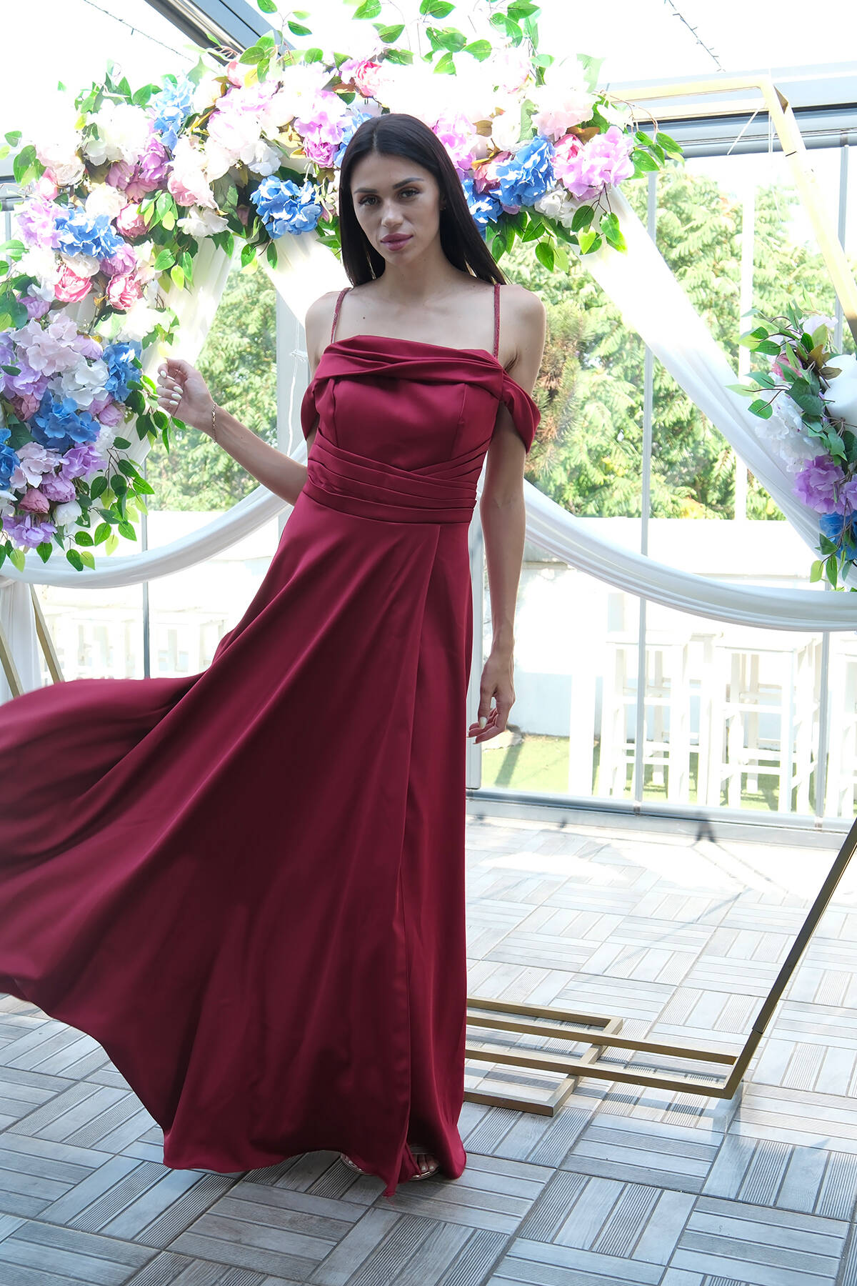 Bordo Taş Askılı Düşük Kol Saten Abiye 0806118.04 Bordo