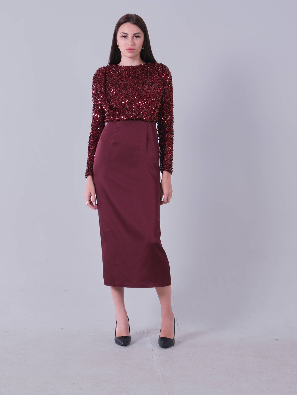 Bordo Üst Pul Payet İşlemeli Altı Krep Tesettür Abiye 6502503.04 