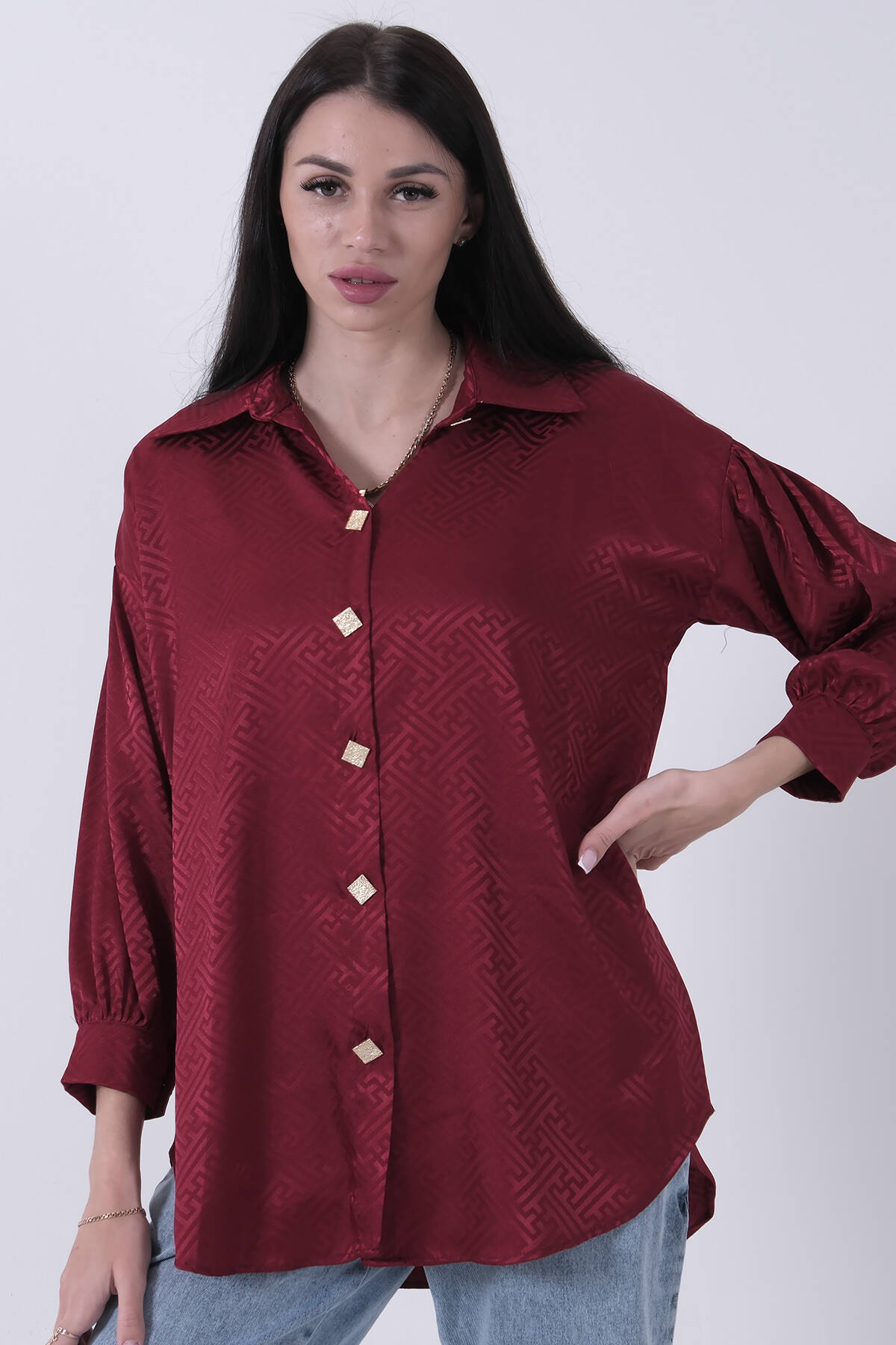 Bordo Üzeri Desenli Gold Düğme Detaylı Tunik 45951993.04 Bordo