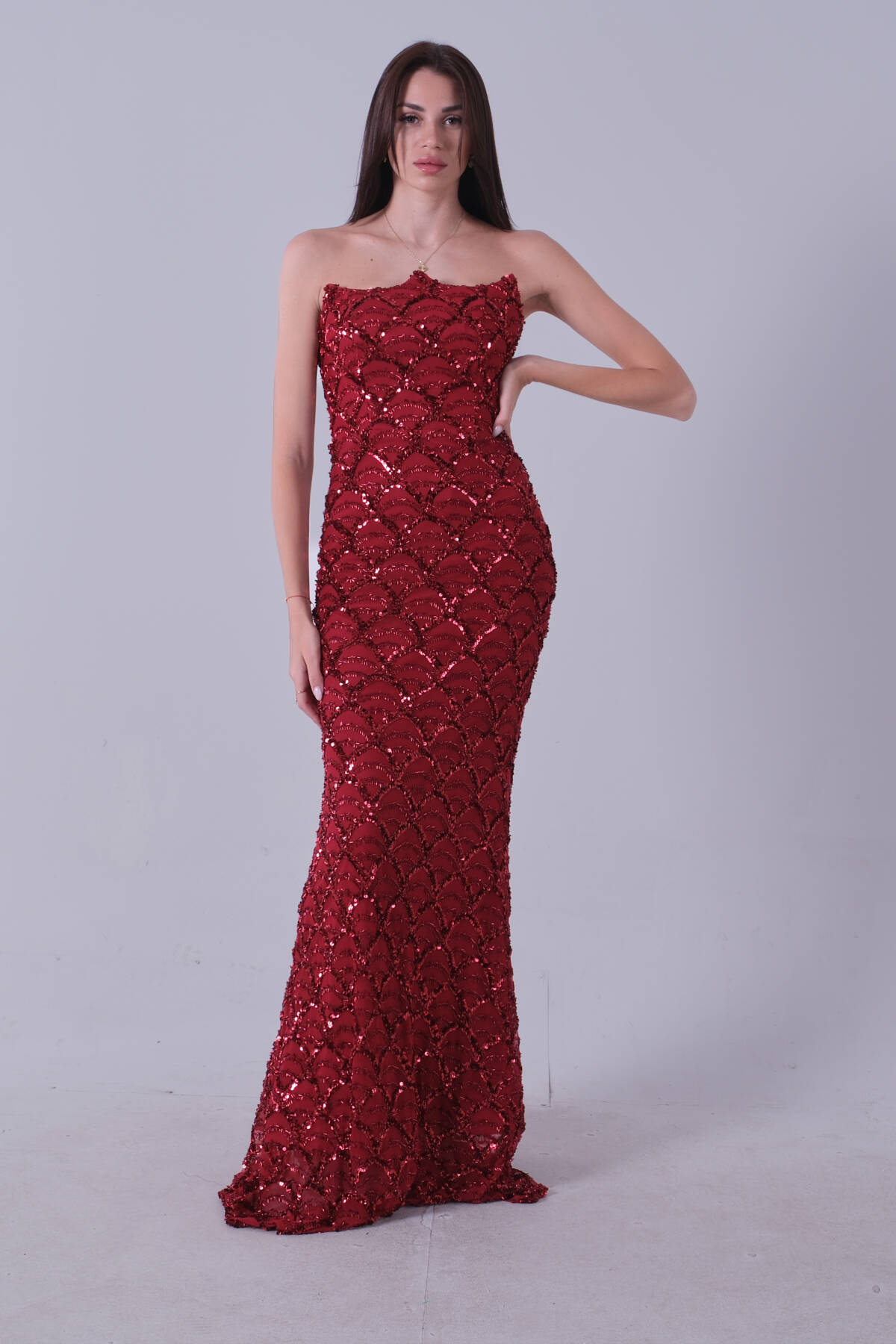 Bordo Üzeri Pul İşlemeli Straplez Balık Abiye 9705773.04 Bordo