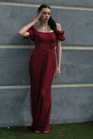 Bordo Üzeri Taş Boncuk İşlemeli Balon Kol Abiye 9705417.04 Bordo