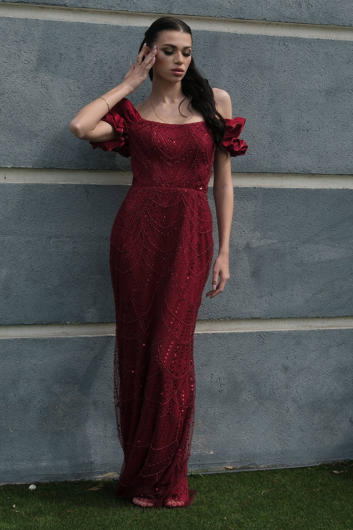 Bordo Üzeri Taş Boncuk İşlemeli Balon Kol Abiye 9705417.04