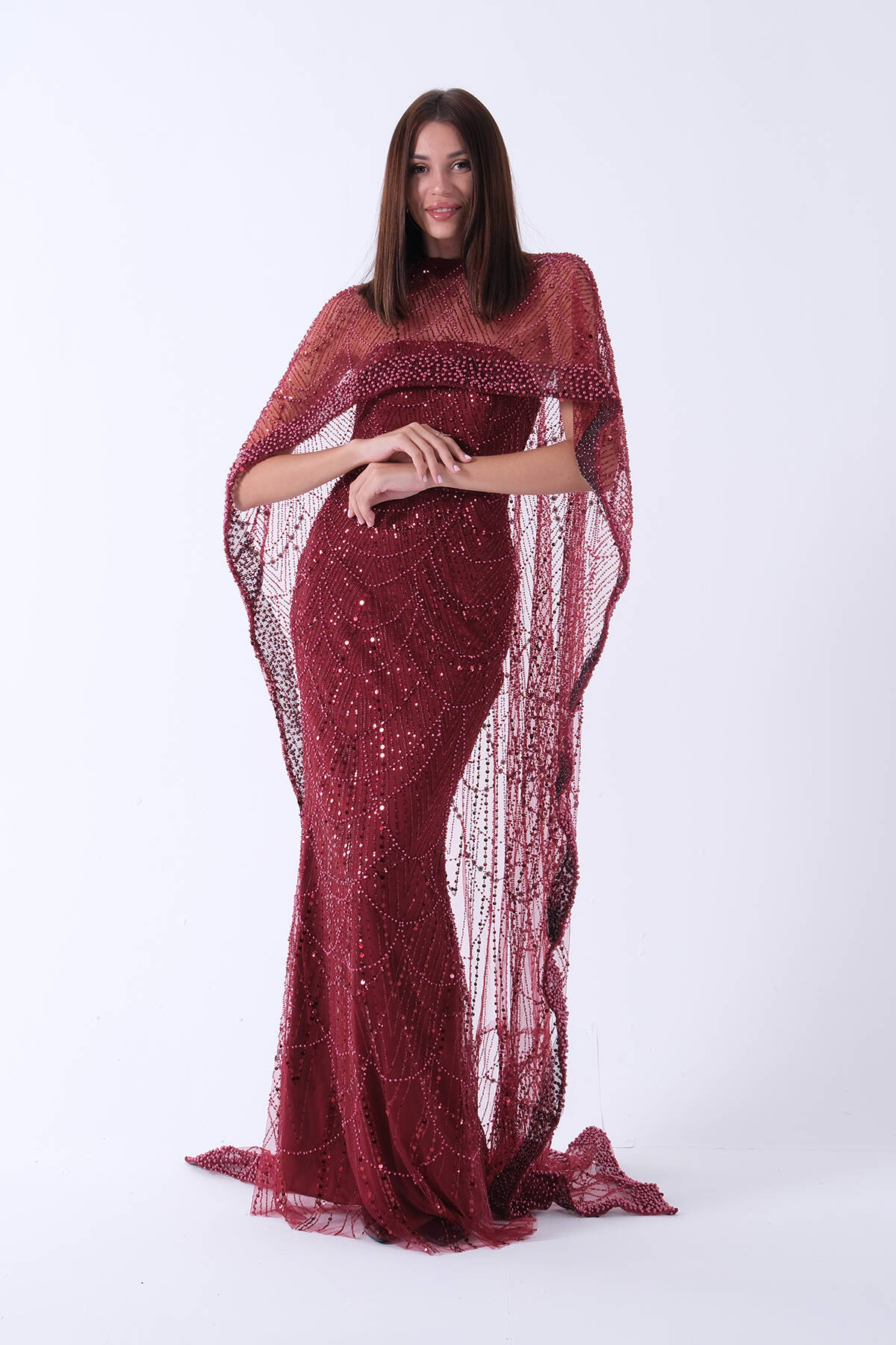 Bordo Üzeri Taş İşlemeli Keninden Şallı Abiye 9705585.04 - ArdaNewline