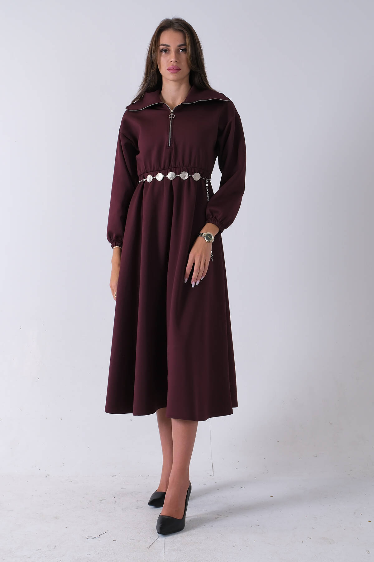 Bordo Yaka Fermuar Detaylı Bel ve Bileği Lastikli Kemerli Scuba Elbise 4593455.04 Bordo