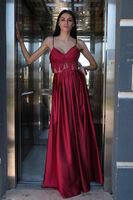 Bordo Yırtma Detaylı İp Askılı Saten Abiye Elbise 9704981.04 Bordo