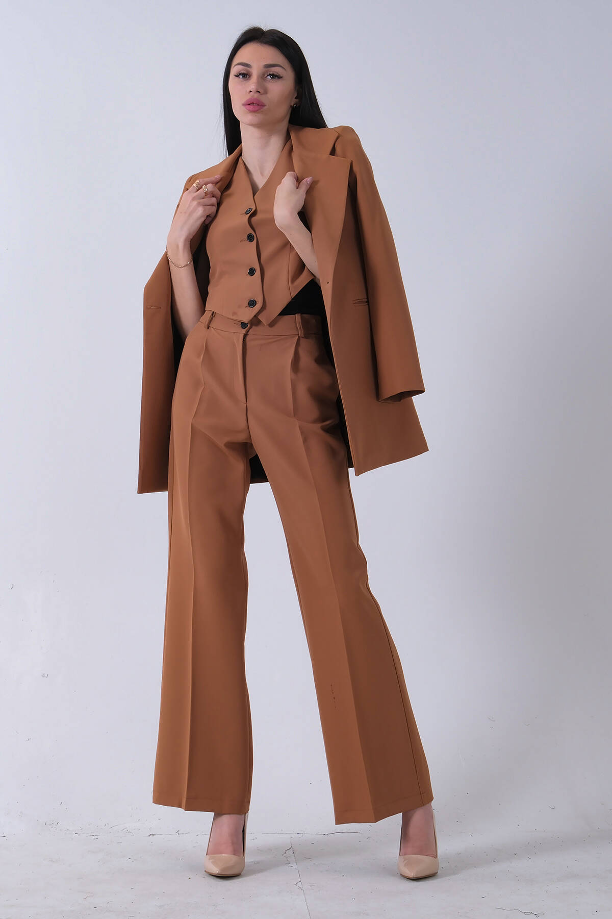 Camel Ceket-Yelek Pantolonlu 3'lü Takım Elbise 0106324.09 Camel