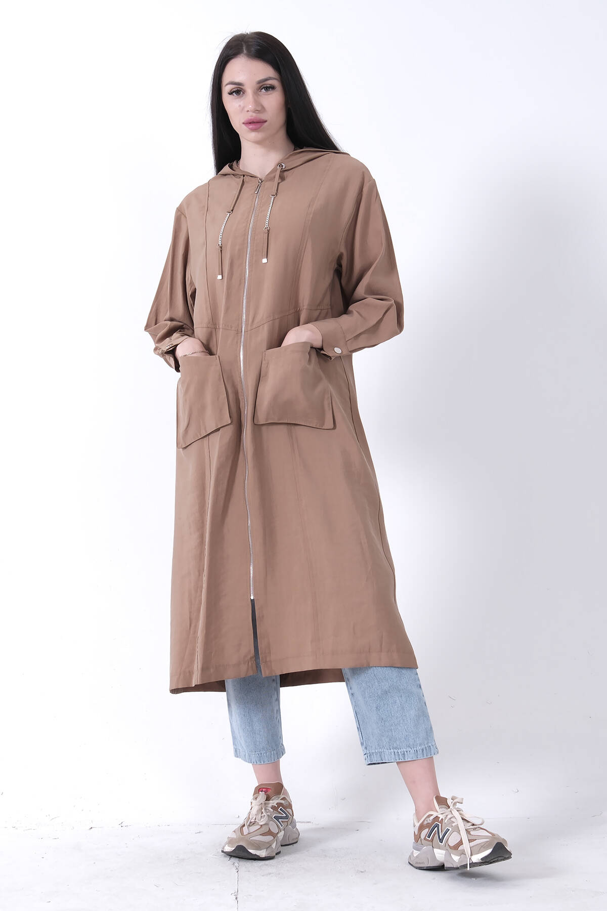 Camel Çift Cep Detaylı Fermuar Kapamalı Kapüşonlu Kap 44510684.09 - Ardanewline