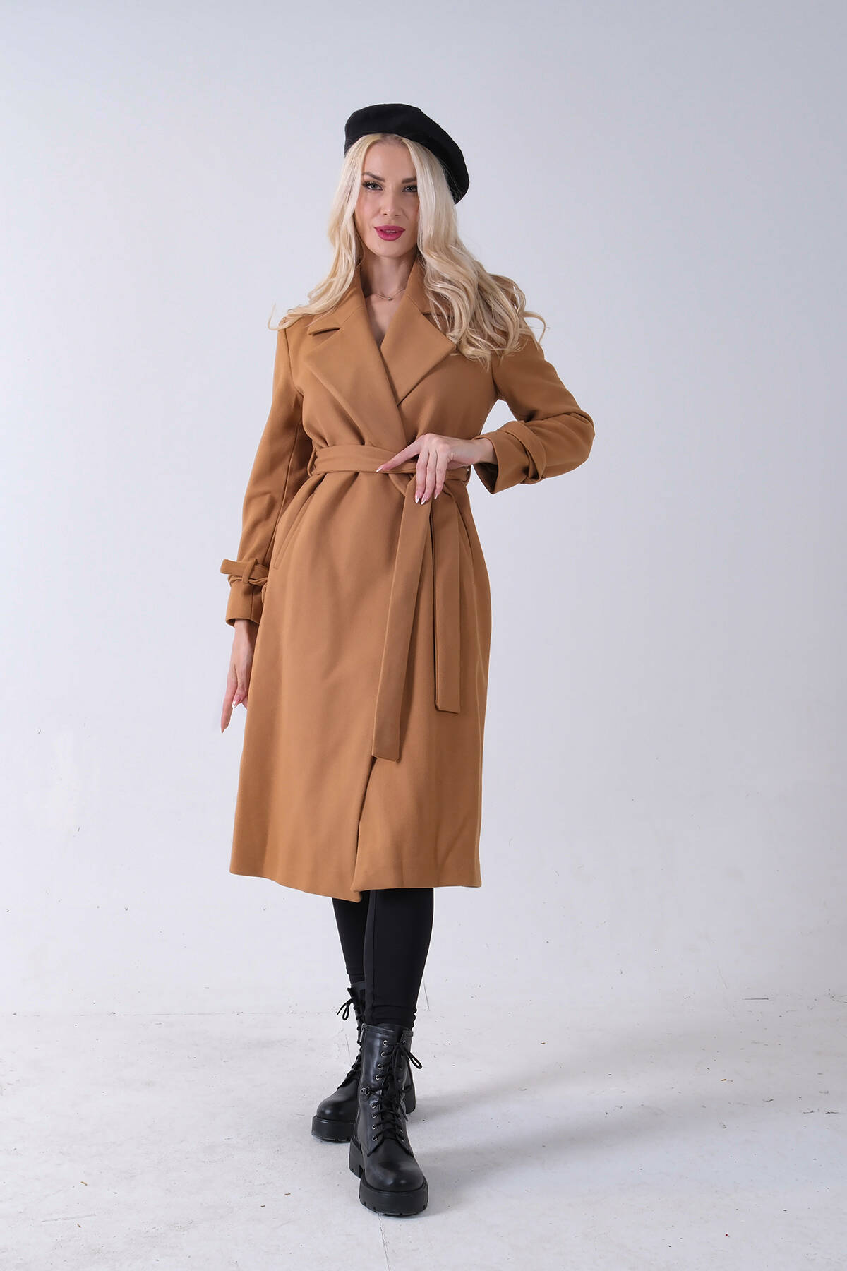 Camel Kol Bağlamalı Seyyar Kuşaklı Uzun Kaşe Kaban 41630051.09 Camel