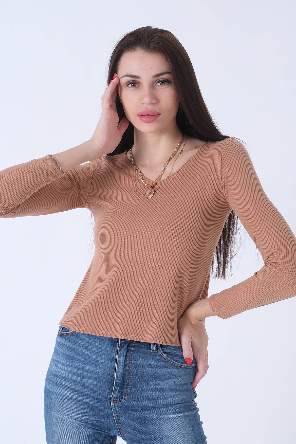 Camel Örme V Yaka Kazak 0103012.09 - Ardanewline (1)