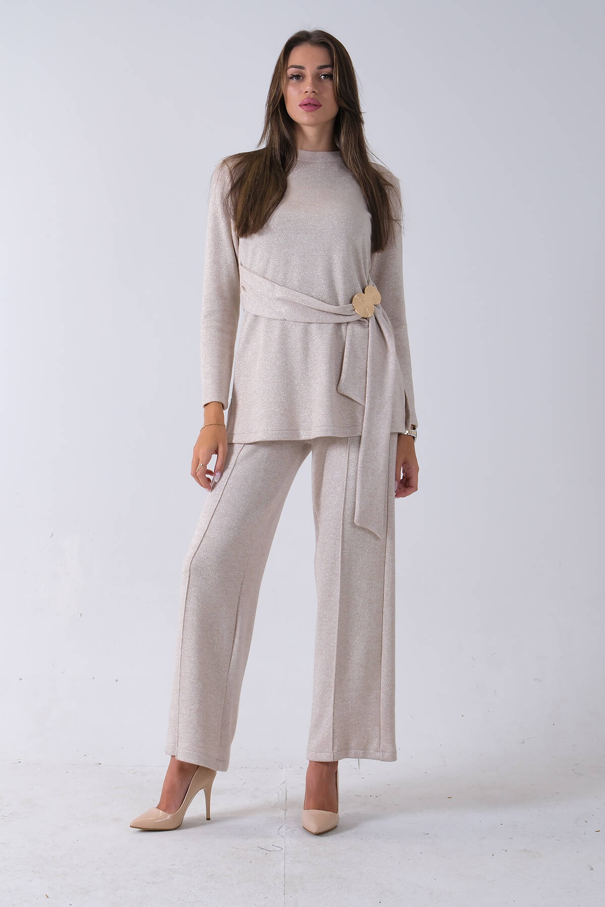 Ekru Altın Toka Detaylı Pantolonlu Takım 4577282.147 - Ardanewline