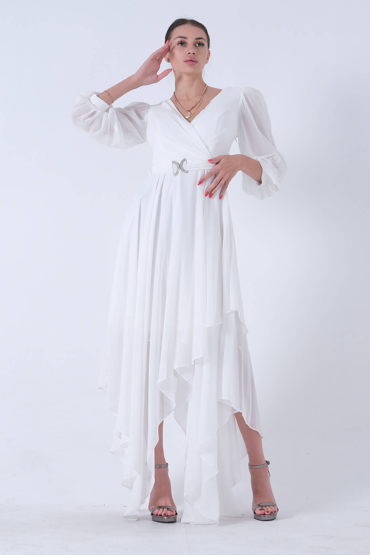 Ekru Balon Kol Kruvaze Yaka Asimetrik Kesim Abiye Elbise 6502417.147 